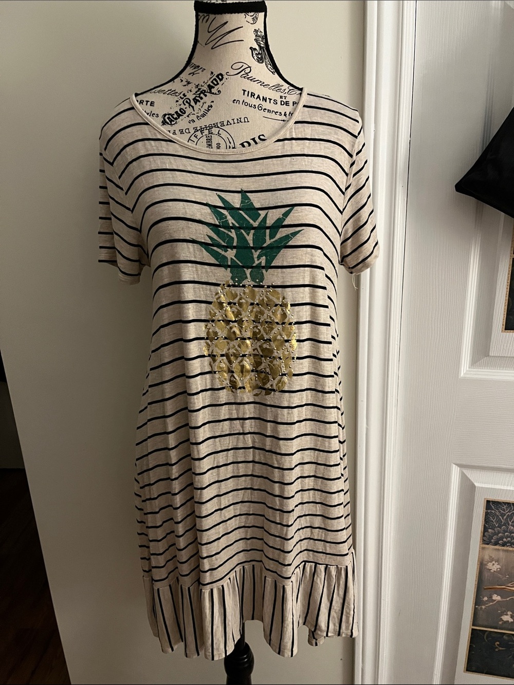 SJS Beige and Black Striped Midi Dress with Green and Gold Pineapple